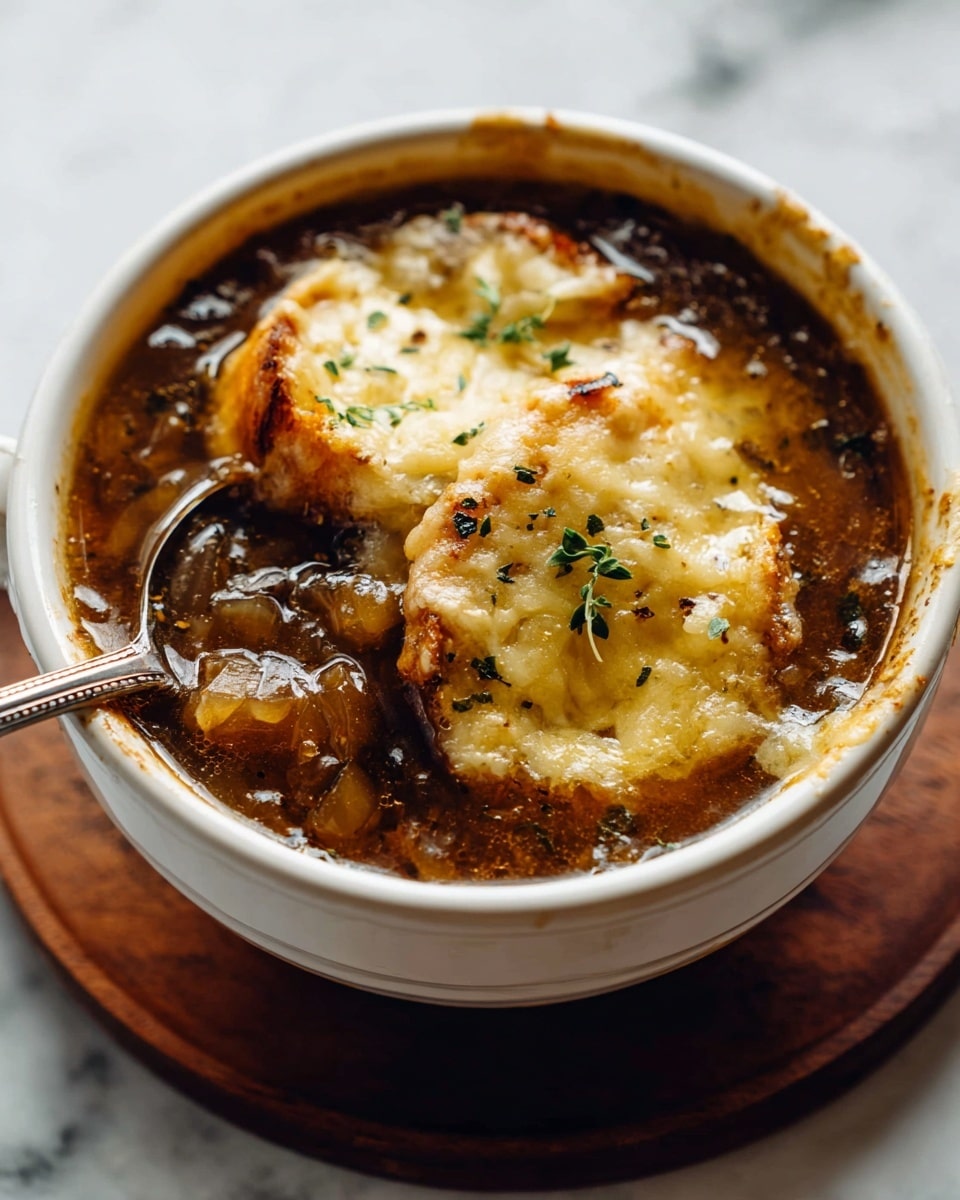 A white bowl filled with dark brown onion soup showing soft pieces of caramelized onions in the broth. On top, there are two toasted, golden layers of melted cheese with a slightly crispy texture, garnished with small green herb leaves. The soup and cheese slightly bubble along the edges of the bowl. A metal spoon is partially dipped inside the bowl. The bowl sits on a round wooden coaster over a white marbled surface. photo taken with an iphone --ar 4:5 --v 7