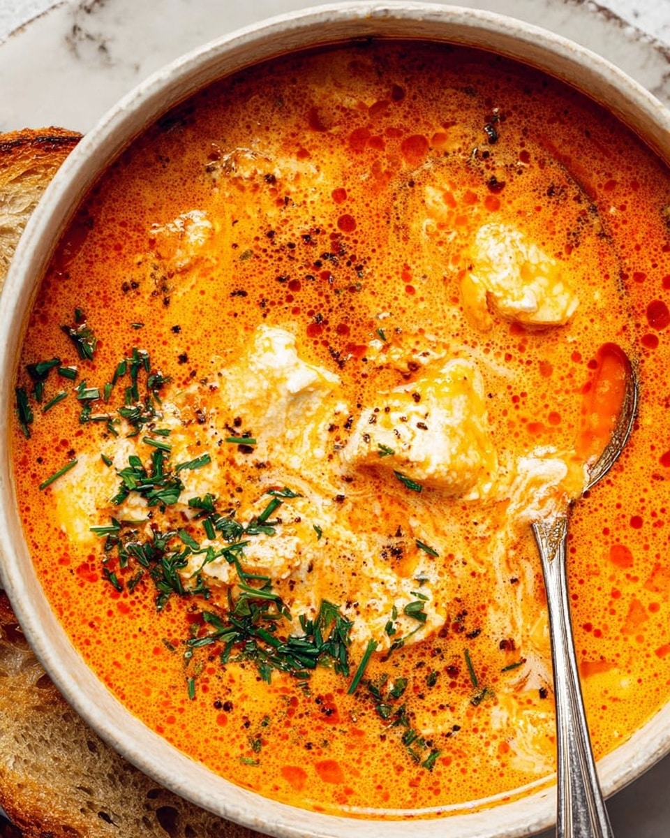 A close-up view of a white bowl filled with a thick, creamy soup that has a bright orange color with reddish oil spots on top. The soup shows several chunks of white cheese or cream mixed within, creating a marbled effect. There is a sprinkling of finely chopped green herbs on one side and small black pepper specks scattered all over the surface. A silver spoon rests inside the bowl, digging slightly into the soup. The background is a white marbled texture with a piece of toasted brown bread partially visible in the lower corner. photo taken with an iphone --ar 4:5 --v 7