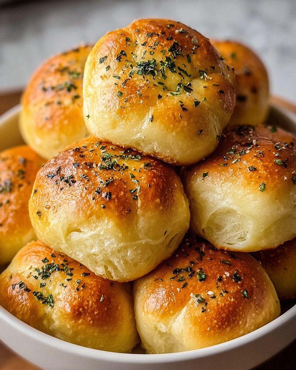 A white bowl stacked full of nine golden-brown baked dinner rolls, each roll showing a slightly cracked and shiny crust with a soft, light yellow underside. The rolls are round with smooth, plump shapes and sprinkled with green herbs and black pepper on top, giving a fresh and textured look. The bowl sits on a white marbled surface, and the warm, inviting glow highlights the crisp tops and soft bread underneath. photo taken with an iphone --ar 4:5 --v 7