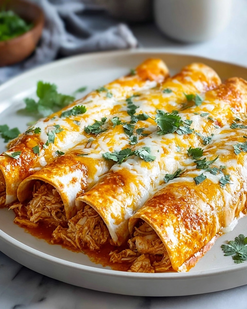 Three rolled tortillas filled with shredded chicken and covered with a warm red-orange sauce sit side by side on a white plate. They are topped with melted white and yellow cheese, creating a soft, gooey texture with some browned spots. Fresh green cilantro leaves are scattered over the top of the enchiladas for a pop of color. The plate is placed on a white marbled surface with a blurred background. photo taken with an iphone --ar 4:5 --v 7