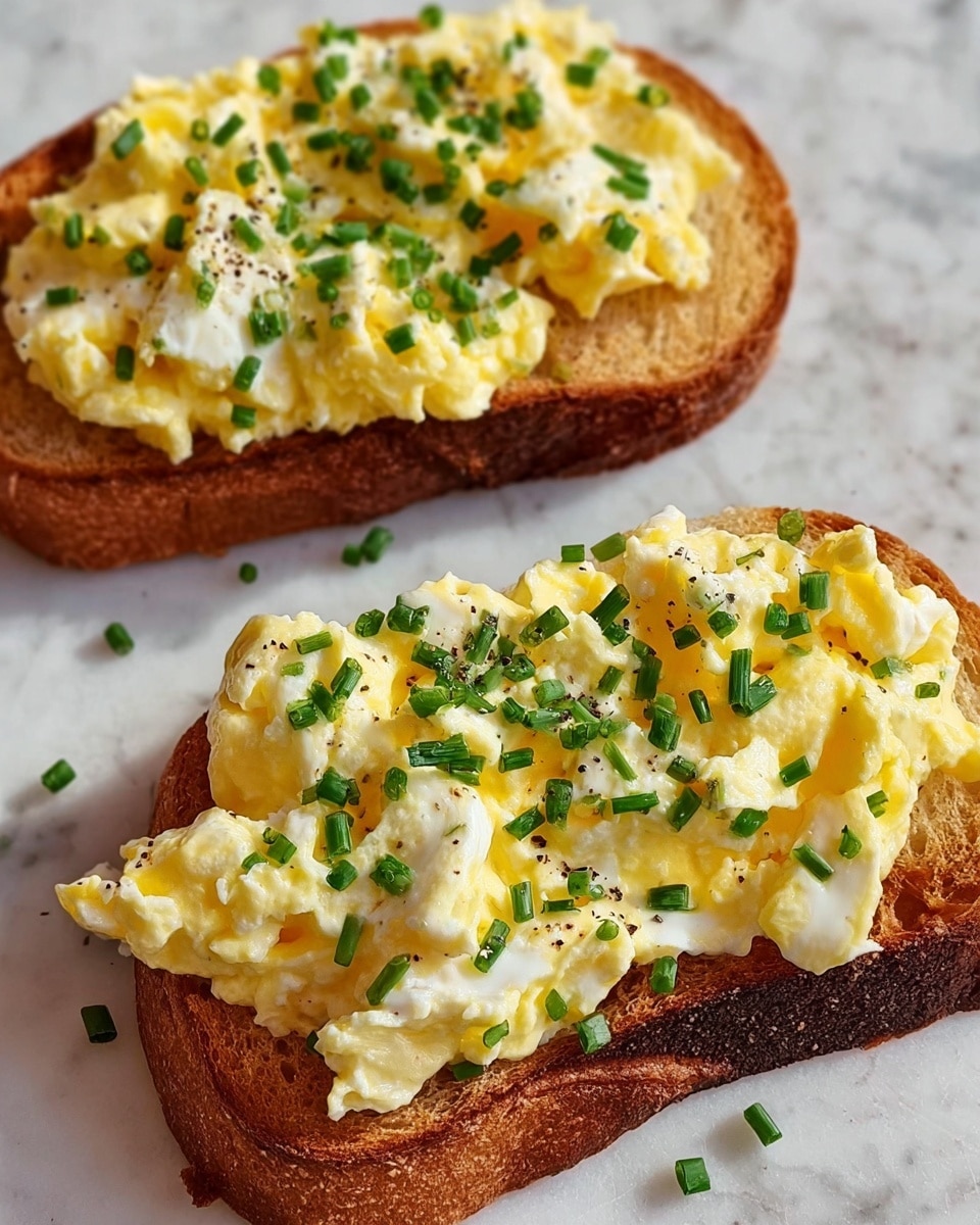 The image shows two slices of toasted bread placed on a white marbled textured surface. Each slice is topped with a thick layer of creamy scrambled eggs, which have a soft, fluffy texture and a pale yellow color mixed with white curds. On top of the eggs, there are small pieces of bright green chopped chives scattered evenly. The edges of the bread are golden brown and slightly crispy, providing a contrast to the smooth eggs. The lighting is natural, highlighting the moisture and fluffiness of the egg mixture. photo taken with an iphone --ar 4:5 --v 7
