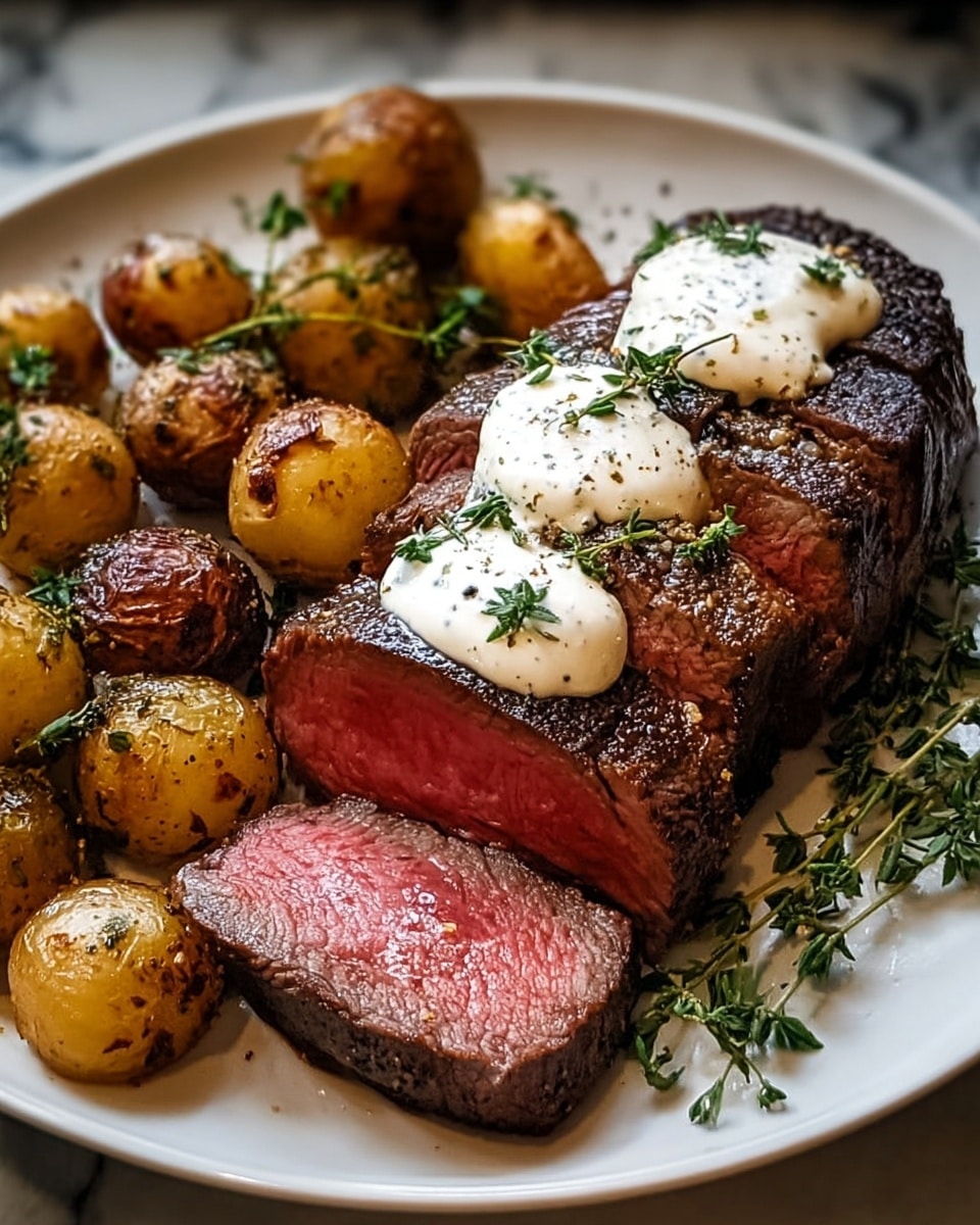 A white plate holds a thick cut of medium-rare steak with a dark brown seared crust and a juicy bright pink center, sliced to show the tender inside. On top of the steak are dollops of creamy white sauce sprinkled with dried herbs, including thyme. Around the steak, there are small round potatoes, golden-brown and charred with seasoning on their cracked skin. Fresh green sprigs of thyme lie beside the food, all resting on a white marbled surface. photo taken with an iphone --ar 4:5 --v 7