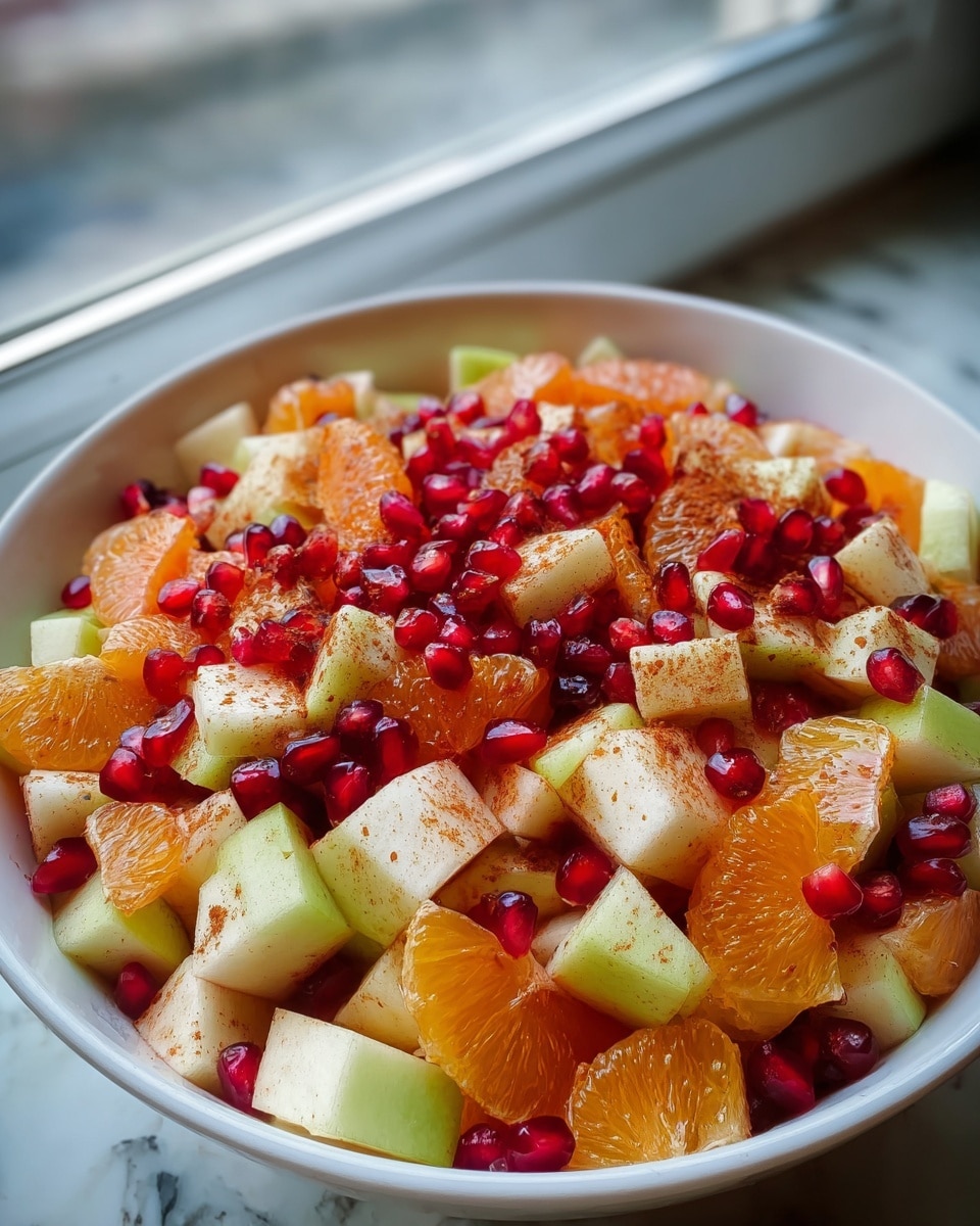 The image shows a bowl full of fresh fruit salad with four main layers of different fruit pieces. The bottom layer is made up of small crisp apple cubes with light green and red skins mixed throughout. Above that, there are bright orange chunks of juicy peeled orange segments. Scattered on top are shiny, deep red pomegranate seeds that give a pop of color and shine. A light dusting of a brown spice is sprinkled all over the fruits. The bowl is white, sitting on a white marbled surface near a window where natural light highlights the wet, juicy texture of the fruit. photo taken with an iphone --ar 4:5 --v 7
