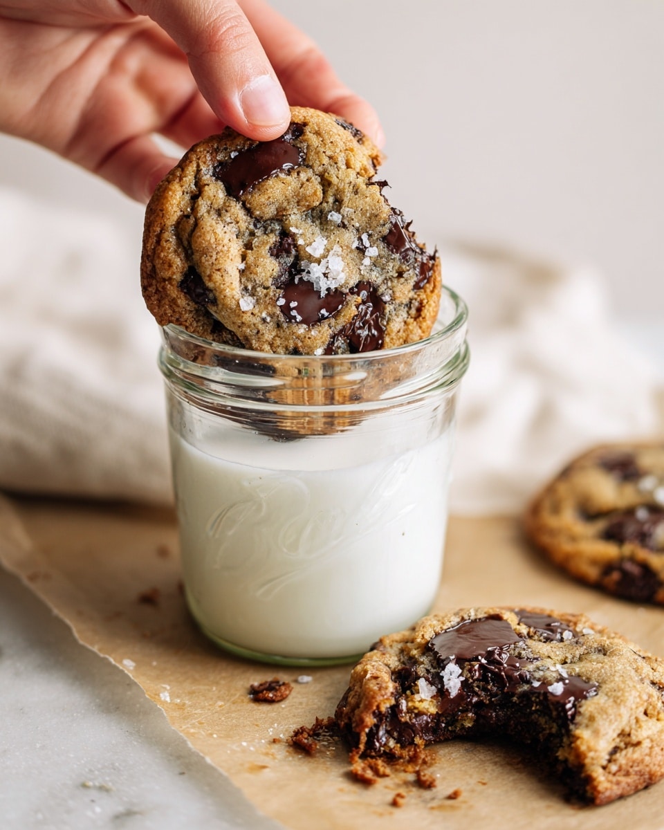 A close-up of a woman's hand holding a warm chocolate chip cookie partially dipped into a clear glass jar filled halfway with white milk. The cookie has a golden-brown color with melted dark chocolate chunks and visible sea salt flakes spread on top. The jar sits on light brown parchment paper scattered with cookie crumbs on a white marbled surface. In the background, two more cookies are placed on the parchment, one whole and the other broken with gooey chocolate showing inside. The scene captures a cozy and inviting moment with soft natural light. photo taken with an iphone --ar 4:5 --v 7