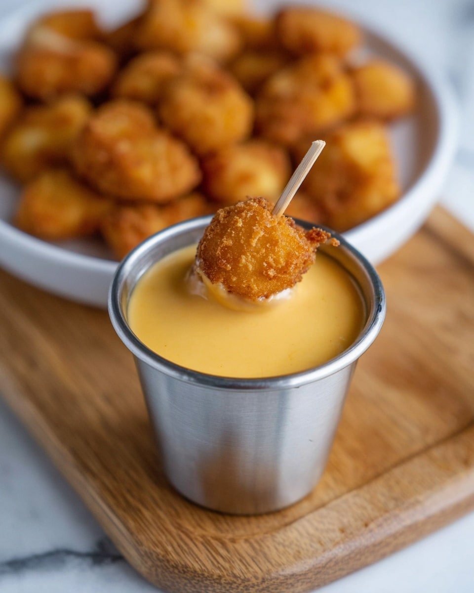 A small silver cup filled with smooth, creamy, light orange cheese sauce sits on a wooden board with a white marbled texture below, and a white plate filled with golden brown, crispy bite-sized fried pieces is placed in the background, out of focus. A wooden skewer holds one fried piece just above the cheese sauce, showing its rough, crunchy texture with a warm brown color. Photo taken with an iphone --ar 4:5 --v 7