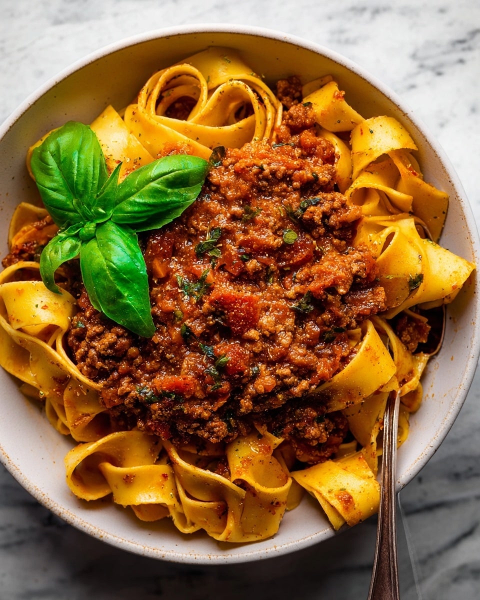 A white bowl holds a dish with wide, flat yellow pasta ribbons twisted and layered around a thick, rich brown meat sauce with visible chunks of ground meat and small bits of tomatoes, speckled with herbs and black pepper. On the side, there is a bright green fresh basil sprig placed on top of the pasta. The pasta and sauce fill the bowl nearly to the edge, showing a hearty, textured meal. Part of a silver spoon is visible inside the bowl on the right. The setting is on a white marbled surface, and the lighting highlights the glossy texture of the sauce and the freshness of the basil. Photo taken with an iphone --ar 4:5 --v 7