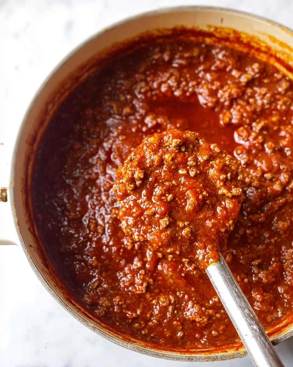 A close-up view of a deep white pot filled with thick, rich meat sauce that has a chunky texture with visible bits of browned ground meat mixed with a glossy red tomato sauce. The sauce has a slightly oily sheen on top and is spread evenly across the pot. A silver ladle is partially submerged, lifting a scoop of the thick sauce, showing the dense and hearty consistency. The pot sits on a white marbled surface, giving a clean and bright background. photo taken with an iphone --ar 4:5 --v 7