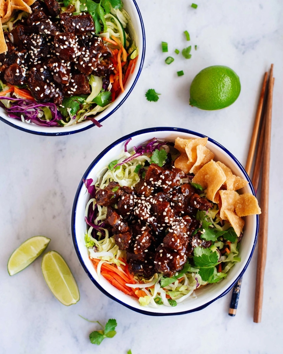 Two white bowls with blue rims sit on a white marbled surface, each layered with a fresh, colorful salad base of shredded green and purple cabbage, and thin carrot strips. On top, a generous portion of dark brown glazed meat chunks is sprinkled with white and black sesame seeds. To one side, a small pile of golden crispy strips adds texture, while a bright green lime wedge rests on the edge of the lower bowl. Fresh green herbs and chopped scallions are scattered lightly over the dish, with wooden chopsticks placed nearby. Photo taken with an iphone --ar 4:5 --v 7