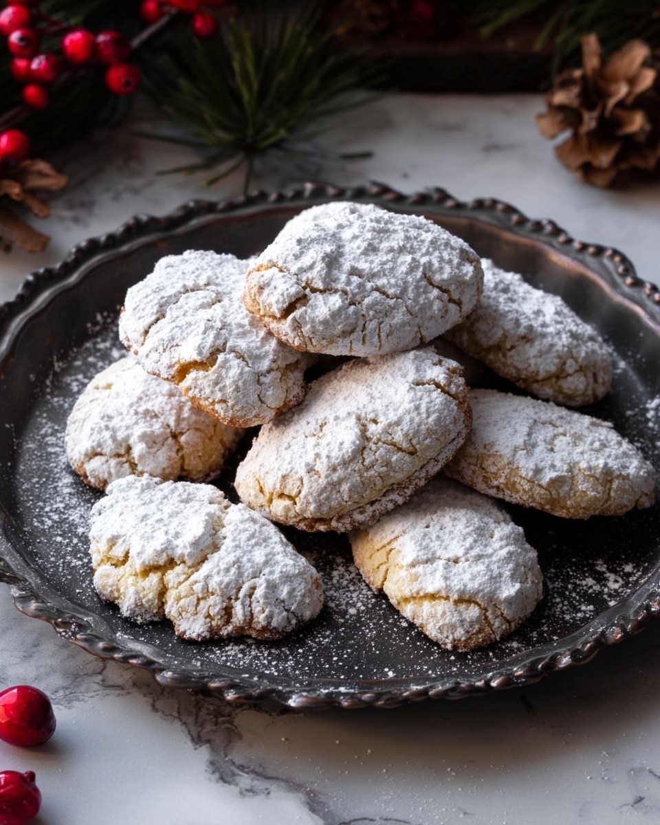 A dark metal round tray holds around ten oval-shaped cookies dusted thickly with white powdered sugar, giving them a snowy look. The cookies have a golden brown cracked surface beneath the sugar, showing a soft, crumbly texture. They are stacked in a loose pile, some lying flat while others lean on top. The background is a white marbled texture with a few red berries and brown pine cones scattered around, adding a festive touch. Photo taken with an iphone --ar 4:5 --v 7
