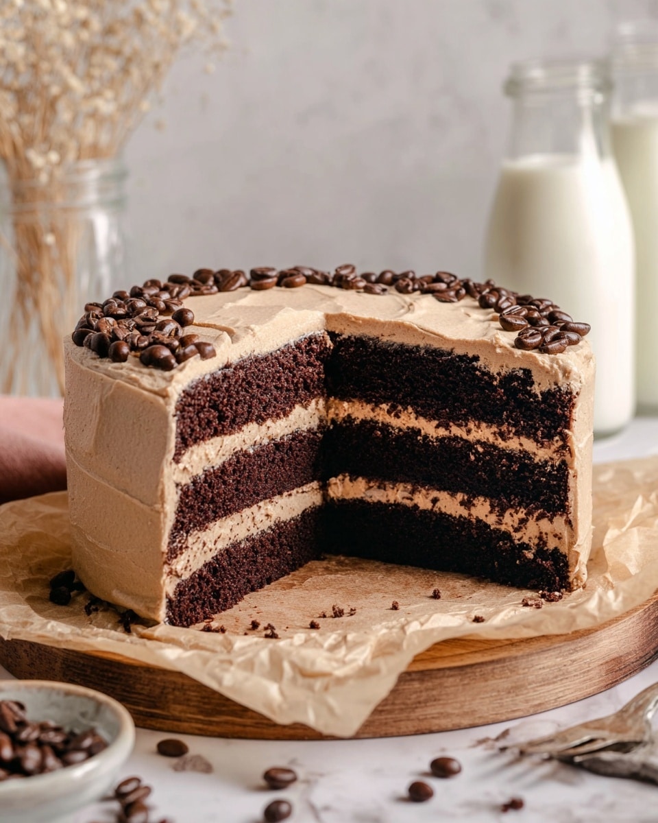 A three-layer chocolate cake with light brown frosting between each rich, dark chocolate layer and covering the outside, topped with scattered coffee beans around the edge of the top. A slice is cut out, showing the moist texture of the cake layers and smooth frosting. The cake sits on parchment paper on a wooden board, with coffee beans scattered around on a white marbled surface. In the blurred background, there are two glass bottles of milk and some soft beige dried plants, creating a cozy atmosphere. photo taken with an iphone --ar 4:5 --v 7