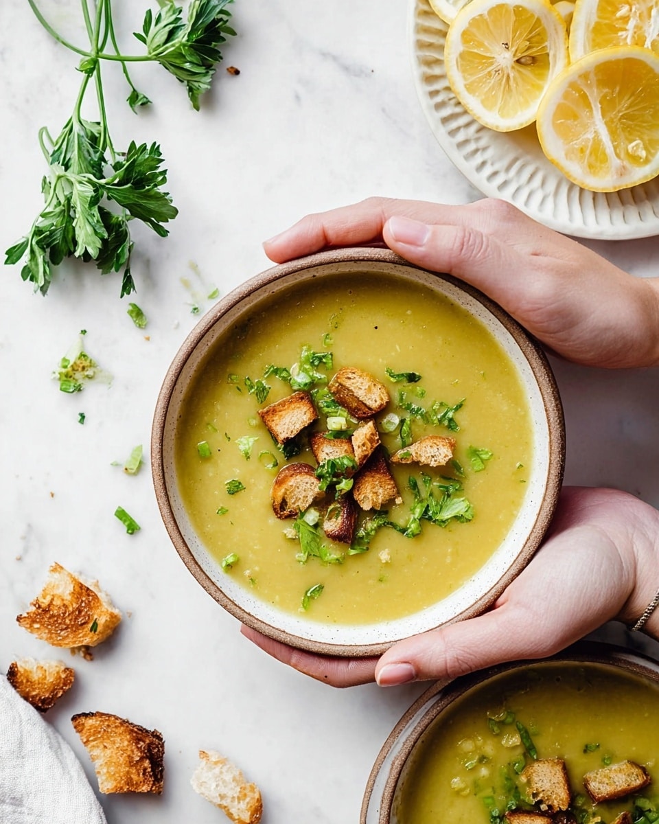A bowl of thick, yellow-green soup fills the center of a round white ceramic bowl with a light brown rim. On top of the soup are scattered crispy, small golden-brown toasted bread pieces and fresh chopped green herbs, all adding texture and color contrast. A woman's hands gently hold the bowl on both sides. To the right, part of another bowl of the same soup is visible. In the upper right corner, a white plate holds several yellow lemon wedges and green parsley on a white marbled surface. A few toasted bread pieces are scattered near the bowl. The overall scene is bright and clean, with soft natural light. photo taken with an iphone --ar 4:5 --v 7