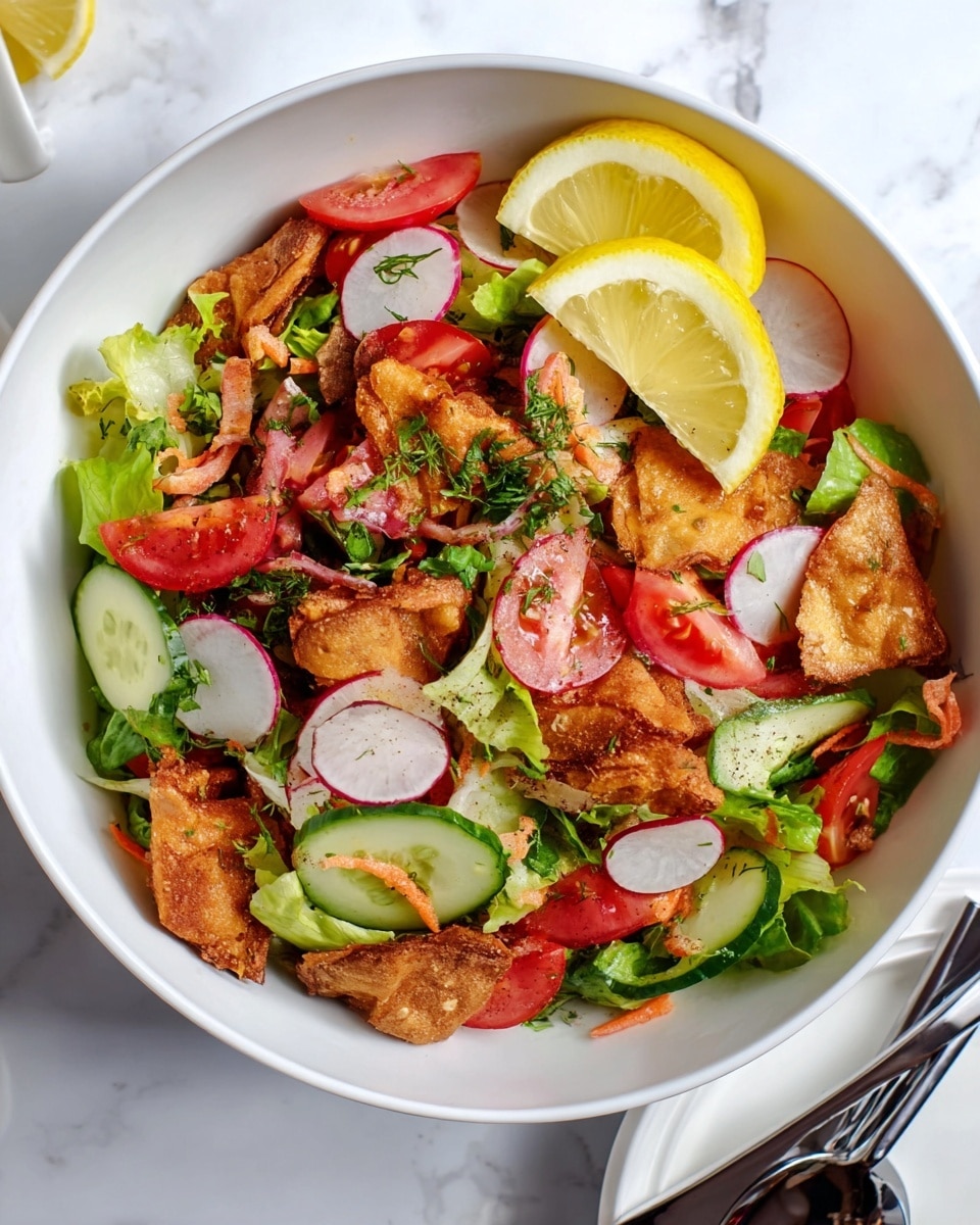 A white bowl filled with a colorful salad featuring multiple layers: at the base are fresh green lettuce leaves mixed with thin slices of cucumber and radish, topped with chunks of bright red tomato and crispy golden-brown fried pita pieces. Two thin lemon slices rest on top, adding a touch of yellow contrast. The salad is lightly sprinkled with chopped herbs and small bits of orange carrot. The bowl is placed on a white marbled surface with a partial view of a silver serving utensil near the bottom right corner. Photo taken with an iphone --ar 4:5 --v 7