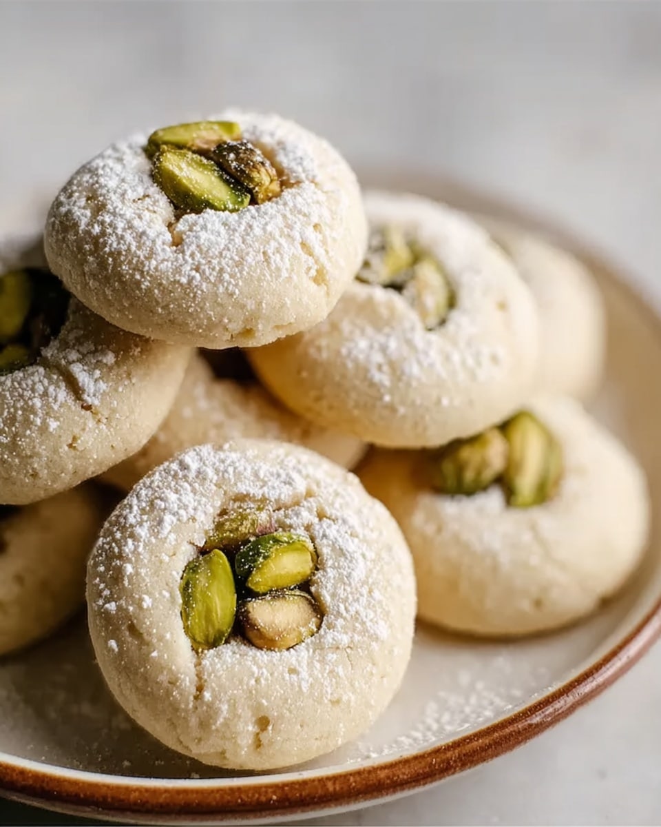 A close-up image showing a small heap of round cookies placed on a white plate with a brown rim, set on a white marbled surface. Each cookie is light beige with a soft texture and has a single green pistachio nut pressed into the center. The cookies are lightly dusted with white powdered sugar, adding a delicate snowy effect on their tops. The cookies are stacked and overlapping each other naturally, with soft shadows giving depth to the arrangement. photo taken with an iphone --ar 4:5 --v 7
