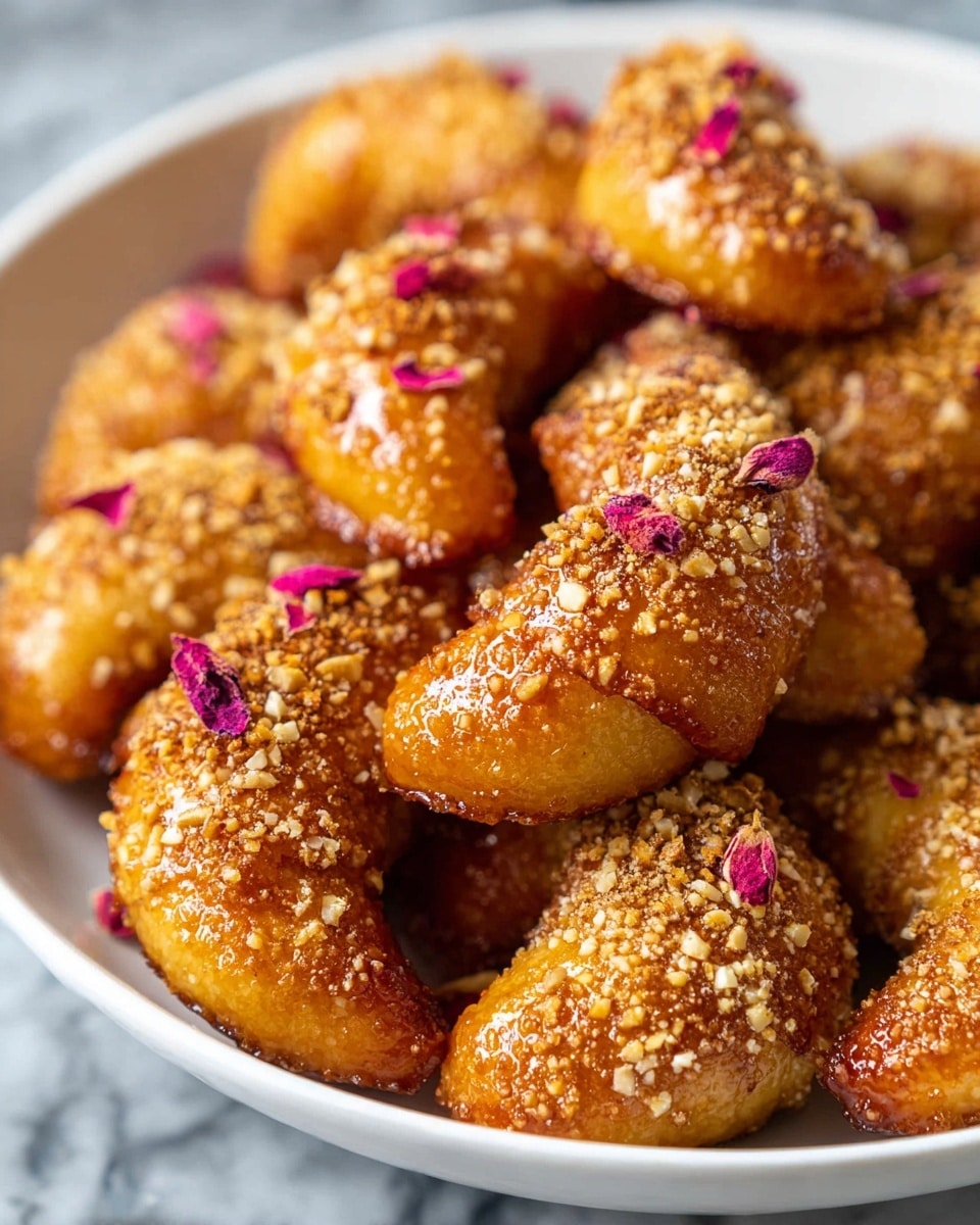 A white shallow bowl filled with a single layer of small crescent-shaped pastries, each golden brown with a shiny glaze. Half of each pastry is coated with finely chopped crushed nuts, adding a textured light beige topping, while some have tiny bright pink flower petals sprinkled on the glossy surface. The pastries form a close, overlapping circle inside the bowl, resting on a white marbled texture beneath the bowl. The focus is tight on the front pastries, showing their smooth and crunchy details. photo taken with an iphone --ar 4:5 --v 7