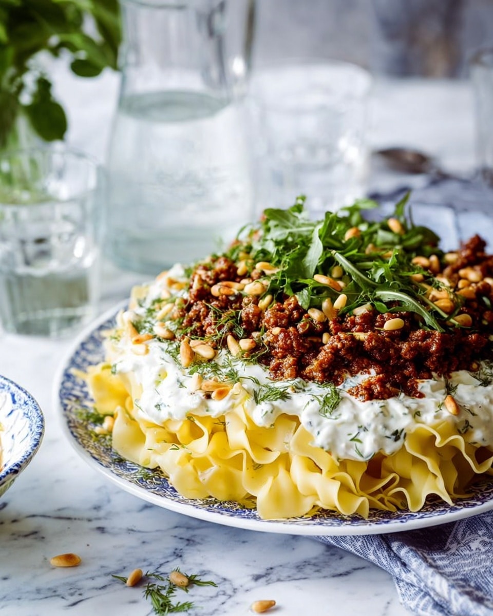 The dish shows three layers stacked on a white plate with a blue decorative edge. The bottom layer is wide, ruffled yellow pasta with a firm texture. The middle layer consists of crumbled brown cooked meat spread over the pasta. The top layer is white creamy sauce covering most of the meat, sprinkled with green dried herbs and small toasted brown pine nuts. There are fresh green herb leaves placed along one side of the meat layer, adding a fresh touch. The setting includes a glass jug on the left and a blurred glass of water in the background, all on a white marbled surface. Photo taken with an iphone --ar 4:5 --v 7