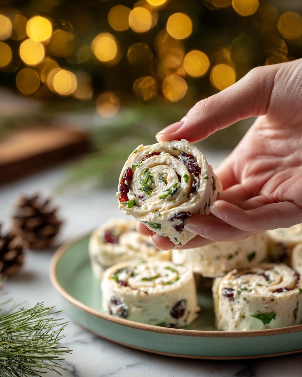 A woman's hand is holding a small rolled appetizer made from a white tortilla spread with creamy white cheese mixed with green herbs and small dark red dried cranberries, rolled tightly to show visible spiral layers. In the background, several more of these pinwheel rolls are placed on a white plate with a soft green rim, resting on a white marbled surface. Warm yellow lights create a cozy blur in the background, with a pinecone and evergreen needles visible near the bottom left corner. photo taken with an iphone --ar 4:5 --v 7