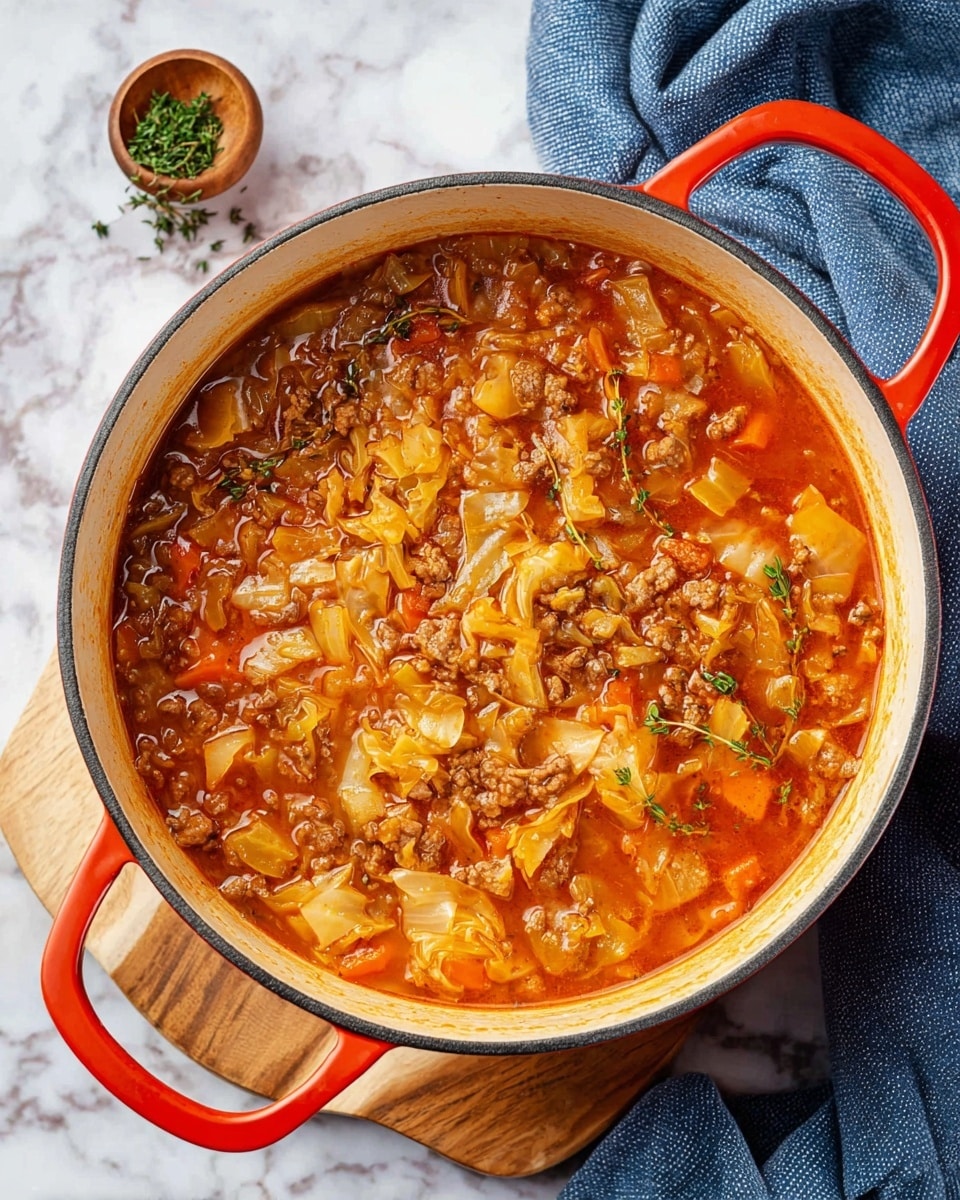 A red pot filled with a thick stew that has a reddish-orange broth. Inside the stew, there are soft chunks of light yellow and pale orange cabbage, browned small ground meat pieces, small bits of diced carrots, and herbs sprinkled on top. The stew has a hearty, chunky texture with visible layers of minced vegetables and meat swimming in the rich broth. The pot is placed on a white marbled surface with a blue cloth nearby and a wooden board under the pot to the side. Photo taken with an iphone --ar 4:5 --v 7