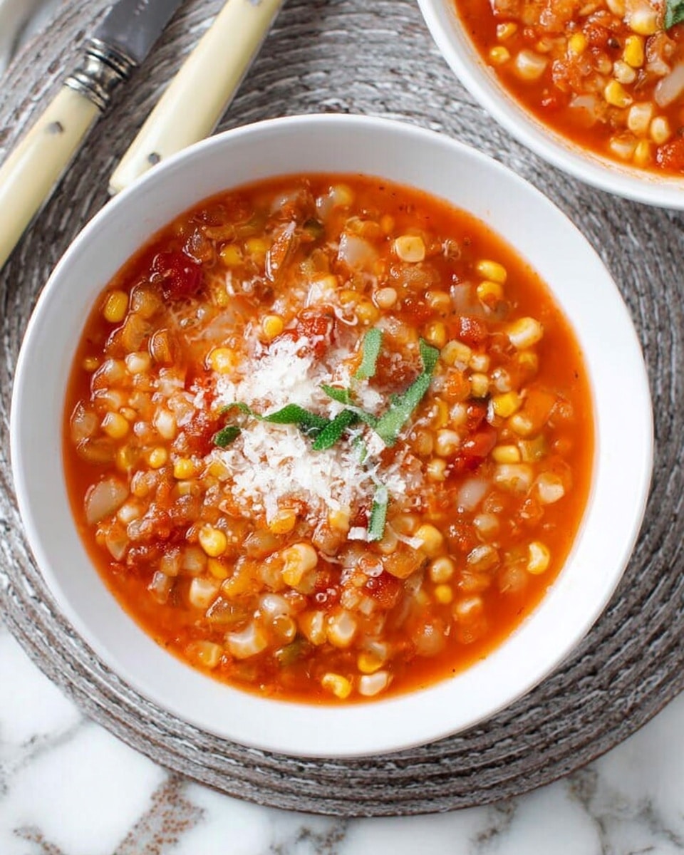 A close-up view of a white bowl filled with chunky soup that has a bright orange-red broth base. The soup contains visible pieces of yellow corn, light brown beans, small bits of red peppers, and translucent onions creating a textured, colorful mix. On top, there is a small pile of grated white cheese and a few green herb leaves scattered for garnish. The bowl sits on a grey woven placemat, placed on a white marbled surface with a partial view of a second bowl in the background. There are two vintage-style knives with cream-colored handles next to the bowl. photo taken with an iphone --ar 4:5 --v 7