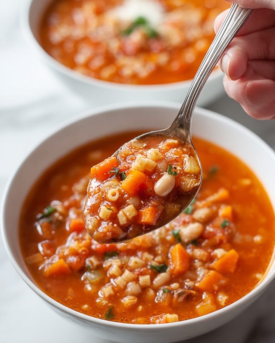 A spoon held by a woman's hand is lifted above a white bowl filled with thick vegetable soup. The soup has an orange-red tomato base with visible chunks of orange carrots, white beans, small pasta pieces, and bits of green herbs scattered throughout. The texture looks hearty with soft vegetables and beans, and a slight shine on the soup surface. In the background, there is another white bowl filled with the same soup, placed on a white marbled surface. photo taken with an iphone --ar 4:5 --v 7