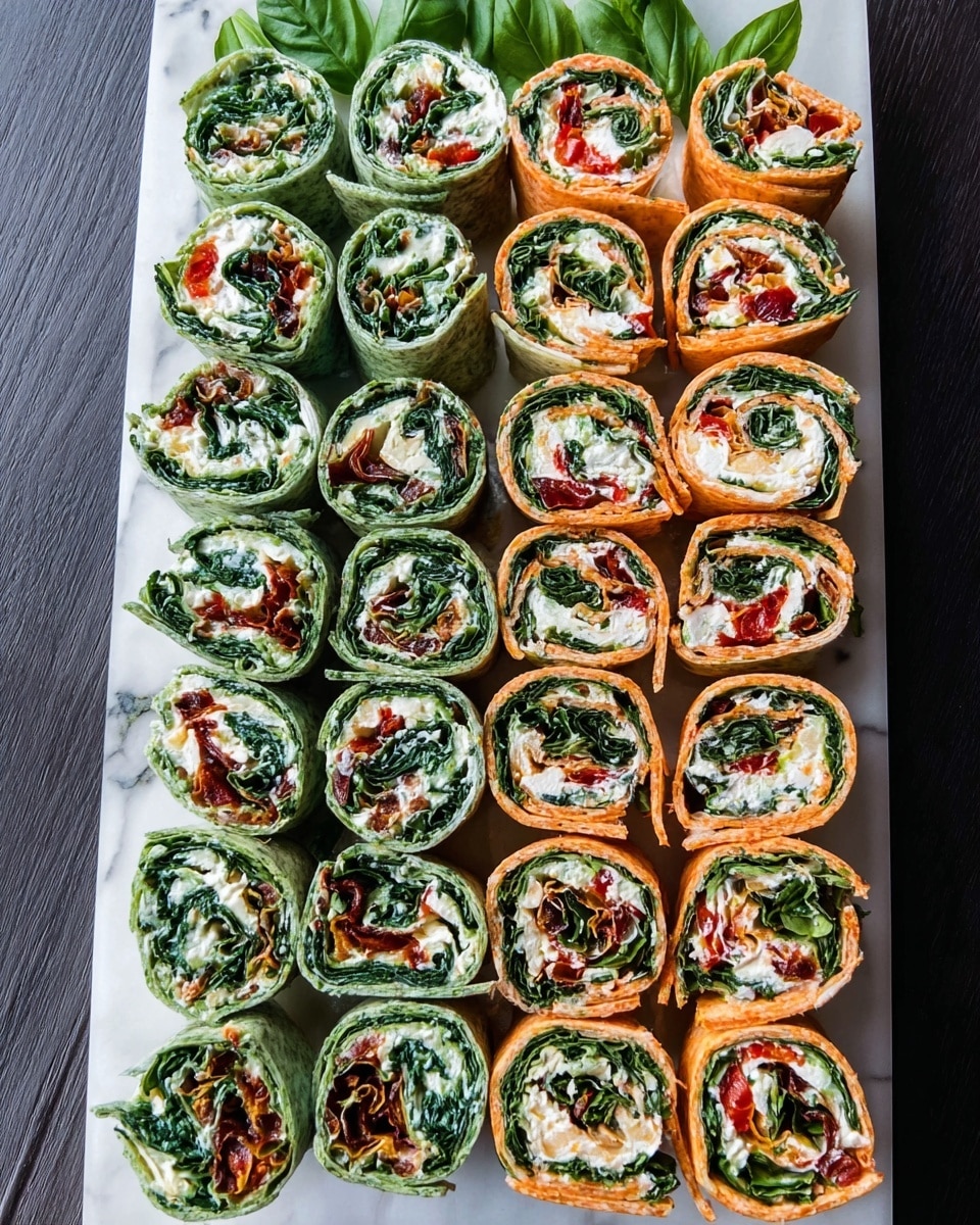 The image shows a long white rectangular platter on a white marbled surface filled with two rows of pinwheel wraps. One row has green wraps while the other has orange wraps. Each wrap is cut into bite-sized rounds showing layers of dark green leafy spinach, white cream cheese, and red sun-dried tomatoes rolled tightly inside the colorful wraps. The wraps are neatly arranged close together with fresh green basil leaves placed at the top and bottom corners of the platter for decoration. Photo taken with an iphone --ar 4:5 --v 7