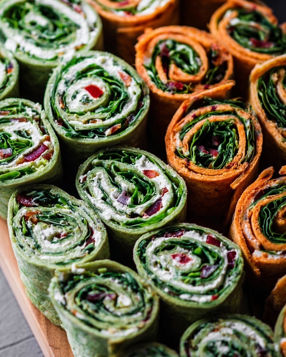 The image shows a close-up of several colorful pinwheel wraps arranged tightly side by side on a wooden board against a white marbled texture. The wraps have two main types: one with a bright green outer layer and green leafy filling mixed with white creamy cheese and small pieces of red bits, and the other with an orange outer layer filled similarly with green leaves, white creamy cheese, and red bits. Each wrap is tightly rolled showing 4 to 5 visible inner layers with creamy, leafy, and red textures creating a spiral pattern. The light highlights the freshness and variety of the ingredients in a neat, appetizing arrangement. photo taken with an iphone --ar 4:5 --v 7