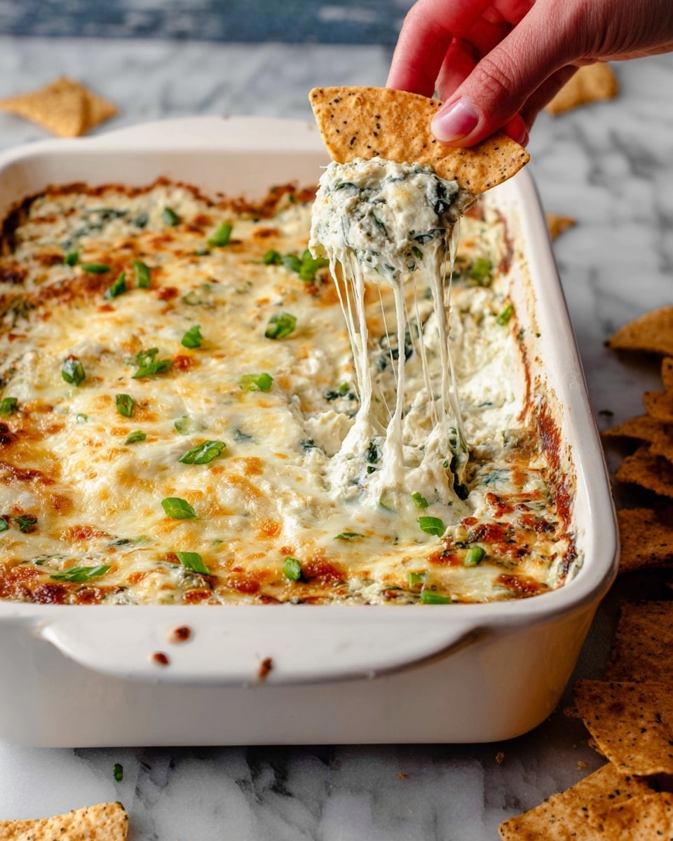 A white rectangular baking dish filled with a creamy spinach dip that has a golden-brown melted cheese layer on top, dotted with chopped green onions. A woman's hand holds a triangular brown chip, lifting a cheesy, gooey scoop from the dish, showing strings of mozzarella stretching between the chip and the dip. The dip’s surface has a textured blend of creamy white and melted golden colors, with green spinach pieces visible throughout. The baking dish is set on a white marbled surface with scattered chips around. photo taken with an iphone --ar 4:5 --v 7