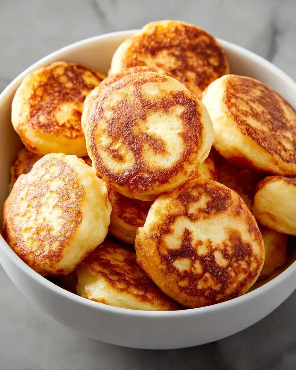 A white bowl is filled with about ten small, round, golden brown cheese pancakes. Each pancake has a crispy, slightly uneven surface with darker browned spots, showing a textured crust. The pancakes are stacked on top of each other, filling the bowl tightly. The background has a white marbled texture, making the warm tones of the pancakes stand out. photo taken with an iphone --ar 4:5 --v 7
