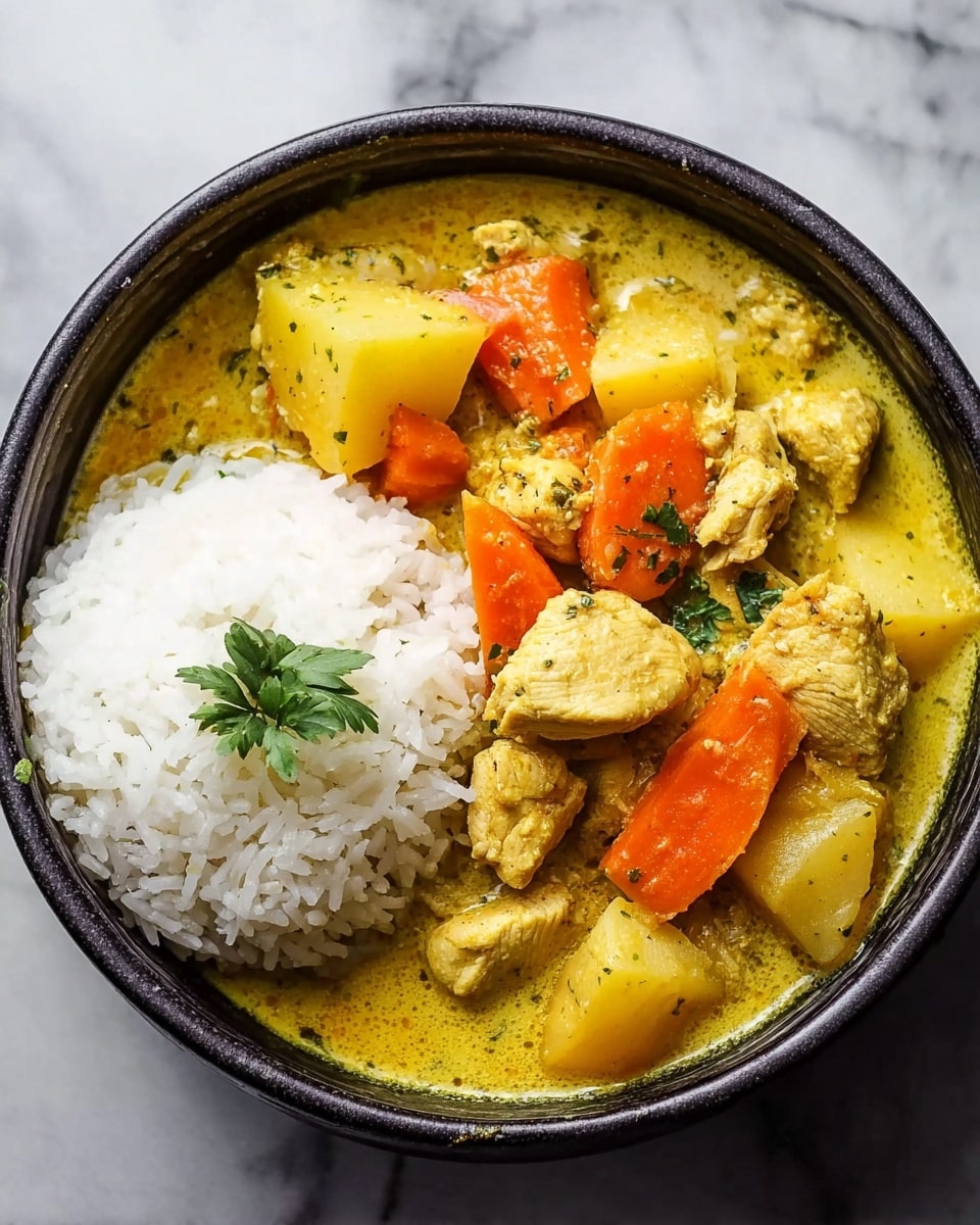 A dark bowl filled with a creamy yellow curry containing chunks of golden chicken, orange carrot slices, and light yellow potato pieces. The curry appears thick and smooth, with small green herb bits visible throughout. On one side of the bowl, there is a neat mound of fluffy white rice. A small green herb leaf garnish sits atop the curry near the middle. The bowl rests on a white marbled surface. photo taken with an iphone --ar 4:5 --v 7