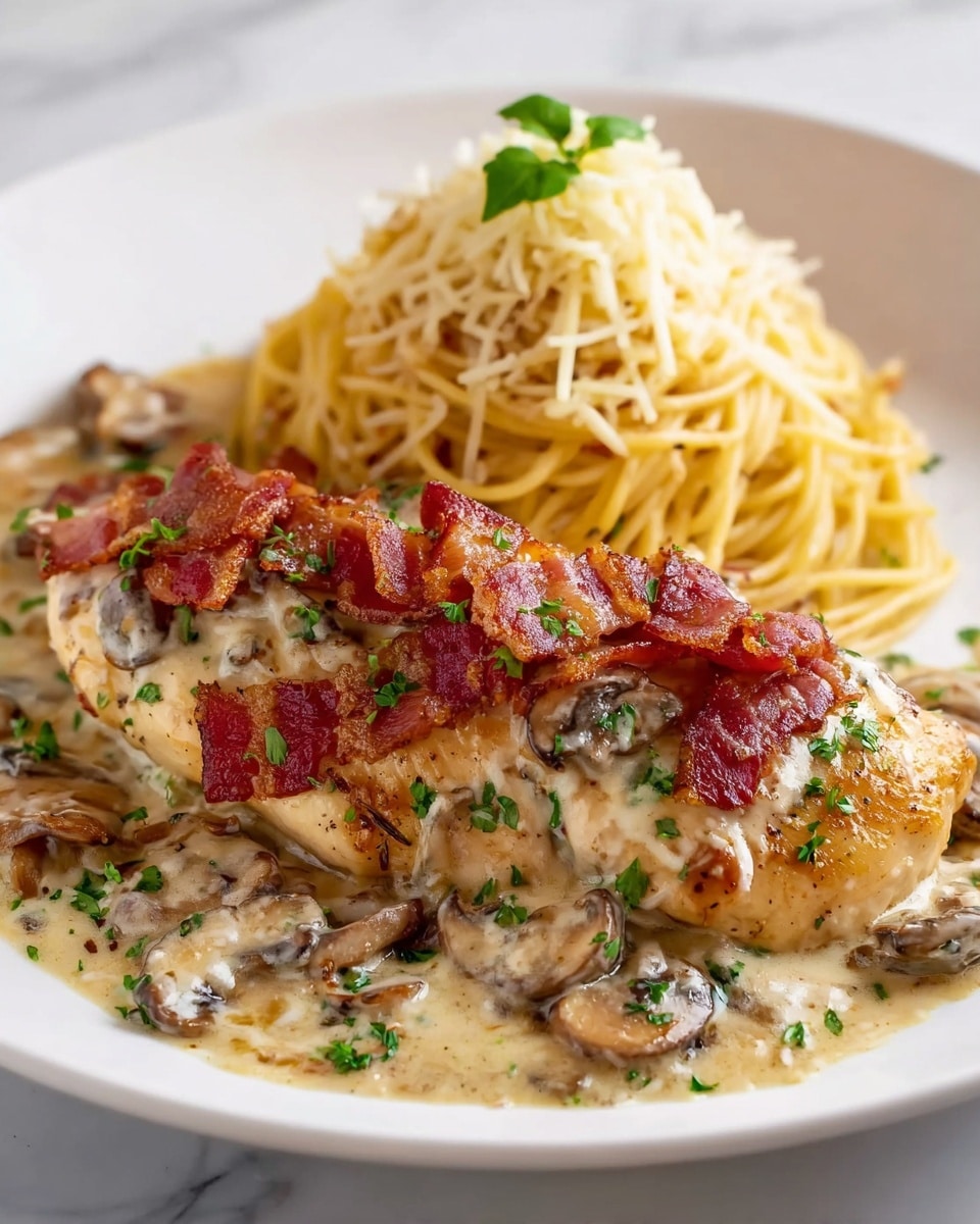 A white plate holds a serving of cooked chicken breast covered in creamy sauce with sliced mushrooms and sprinkled green herbs, topped with crispy pieces of reddish-brown bacon. Behind the chicken is a neatly twirled mound of yellowish spaghetti topped with shredded white cheese and a small green herb. The dish sits on a white marbled surface. photo taken with an iphone --ar 4:5 --v 7