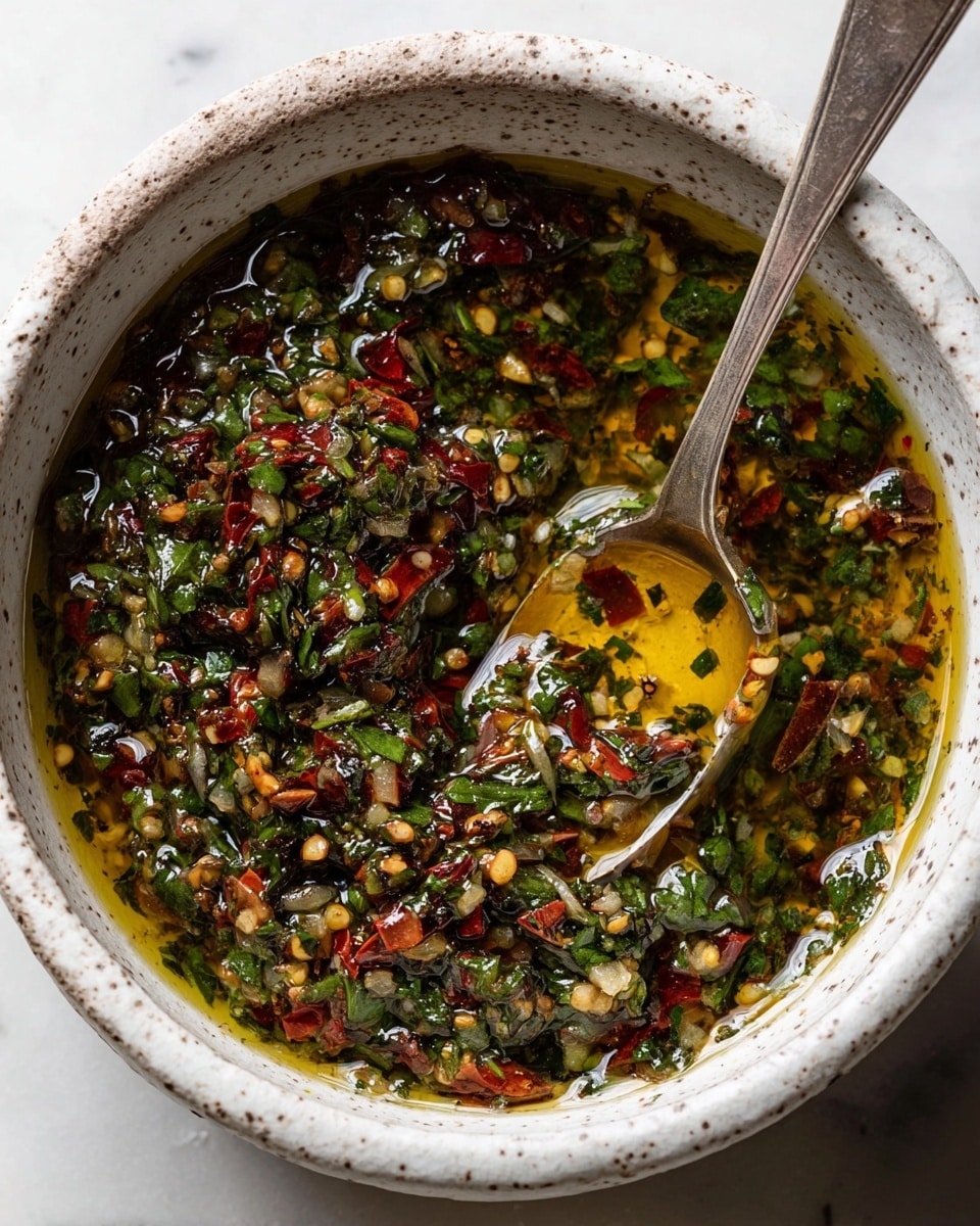 A close-up of a white speckled bowl filled with a colorful mixture of chopped herbs, red chili pieces, garlic, and oil, creating a vibrant, oily texture that shines under the light. The mixture has green, red, and brown tones with visible small bits of ingredients and fresh herbs evenly spread throughout. A silver spoon rests inside the bowl, partially submerged, showing the chunky mix and glossy oil coating. The scene is set against a white marbled surface, enhancing the fresh and rich look of the sauce. photo taken with an iphone --ar 4:5 --v 7