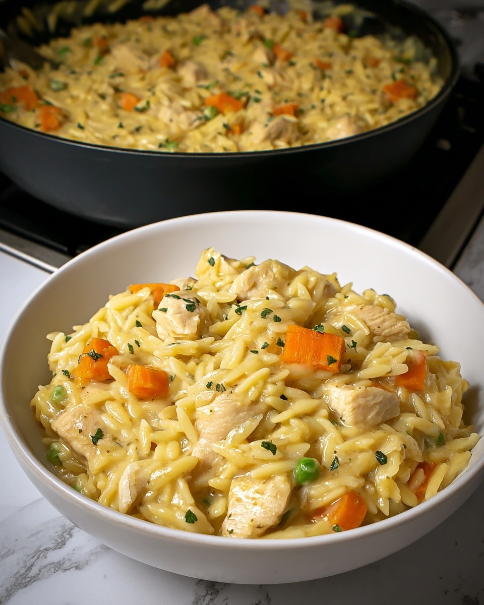 A close-up of a white bowl filled with creamy chicken and vegetable orzo, showing one soft layer made up of small, pale yellow orzo pasta mixed with chunks of light beige chicken, bright orange carrot pieces, and a few green peas, all coated in a thick, glossy sauce with small green herb bits sprinkled on top. In the background, a large black pan on the stove contains more of the same creamy chicken orzo dish. The surface underneath is a clean white marbled texture. Photo taken with an iphone --ar 4:5 --v 7