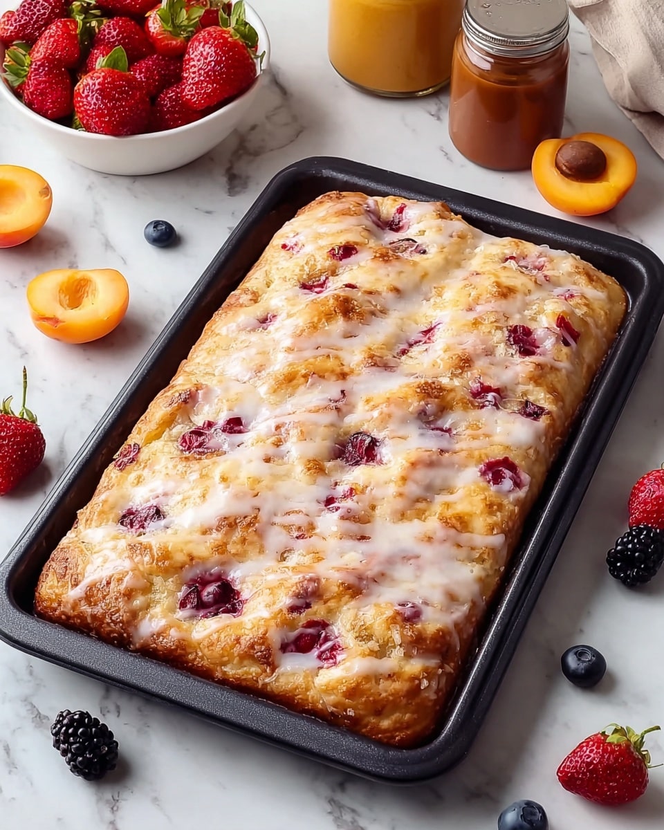 A rectangular baked fruit pastry sits inside a black baking tray placed on a white marbled surface. The pastry has a golden-brown crust with a slightly shiny texture and is topped with a thin layer of white icing glaze. Distributed across the crust are visible red berry pieces that create small berry pockets within the pastry. The surface looks fluffy and slightly uneven with raised areas around the berry spots, showing different shades of light brown and cream. Around the tray are fresh strawberries in a white bowl, two small jars with brown and beige ingredients, an apricot, and a few scattered blueberries and blackberries. Photo taken with an iphone --ar 4:5 --v 7