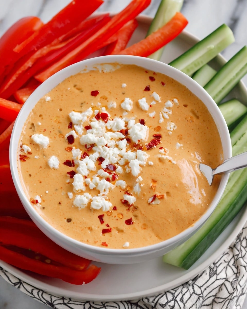 A white bowl filled with smooth light orange dip, topped with small white cheese crumbles and red chili flakes scattered across the surface. A white spoon is dipped into the bowl on the right side, slightly pressing into the dip, showing its creamy texture. Behind the bowl, there are long slices of bright red bell peppers on the left and vibrant green cucumber sticks on the right. The bowl and vegetables sit on a white plate with a patterned cloth visible at the edge. The background is a white marbled texture. photo taken with an iphone --ar 4:5 --v 7