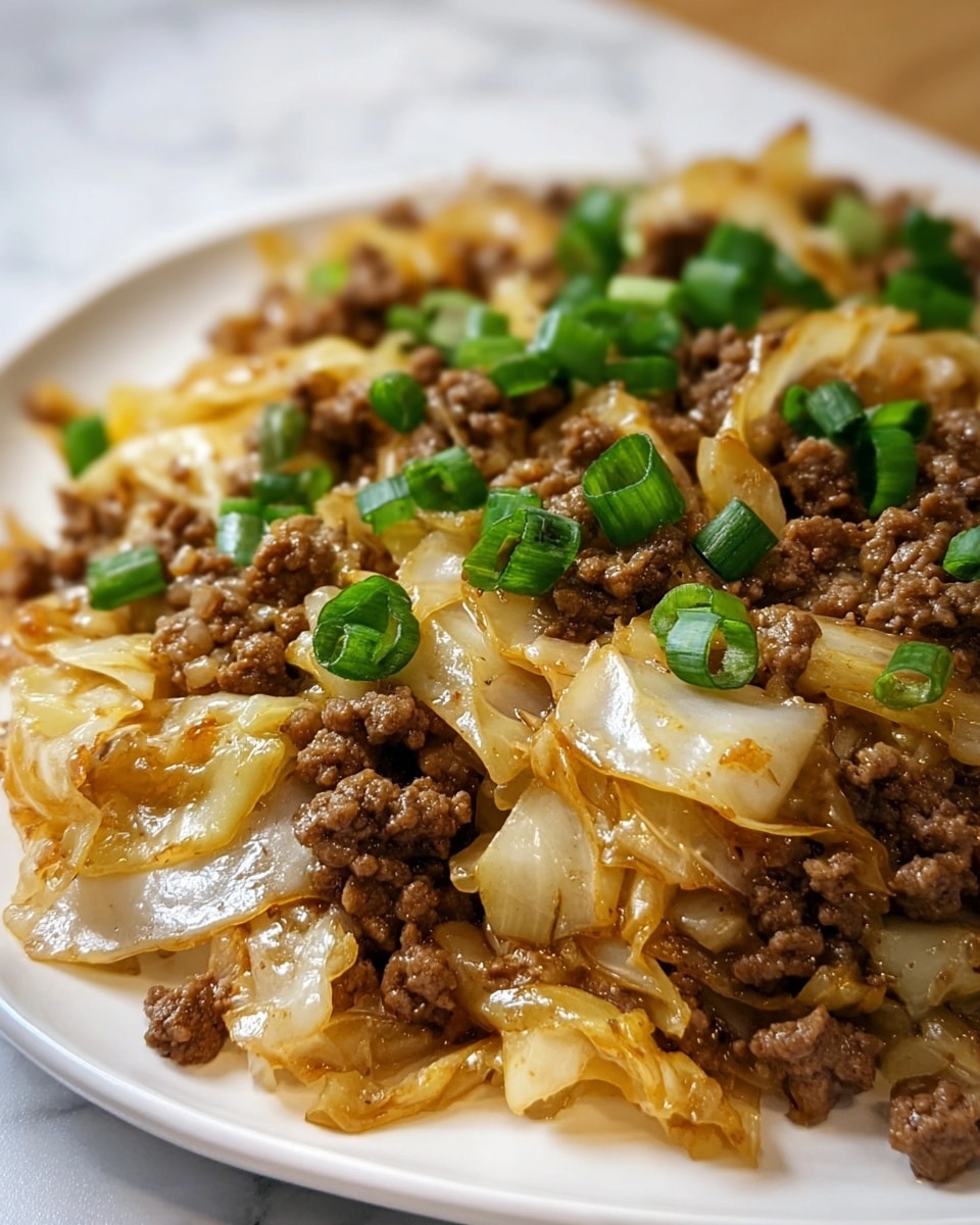 A close-up view of a dish on a white plate showing a mix of cooked ground beef and soft-cooked cabbage. The cabbage pieces are light brown with some translucent parts, spread evenly under and around the browned beef crumbles. The dish is topped with small, bright green chopped scallions scattered over the top, adding a fresh color contrast. The plate sits on a white marbled surface. photo taken with an iphone --ar 4:5 --v 7