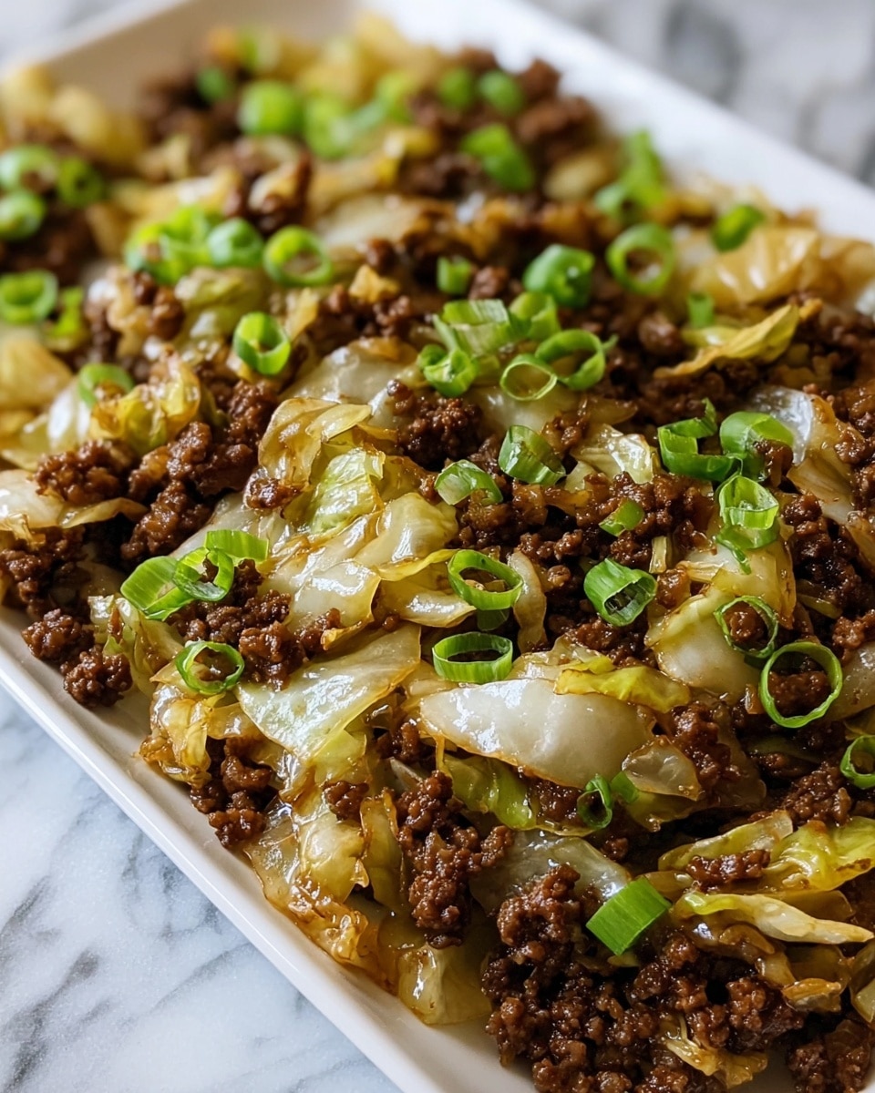 A close-up view of a white rectangular plate filled with cooked ground beef mixed with lightly browned cabbage pieces, scattered evenly throughout. The beef is deep brown, crumbly in texture, while the cabbage is glossy, soft, and pale yellow with some browned edges. Bright green chopped scallions are sprinkled on top, adding fresh pops of color across the dish. The plate rests on a white marbled surface. photo taken with an iphone --ar 4:5 --v 7