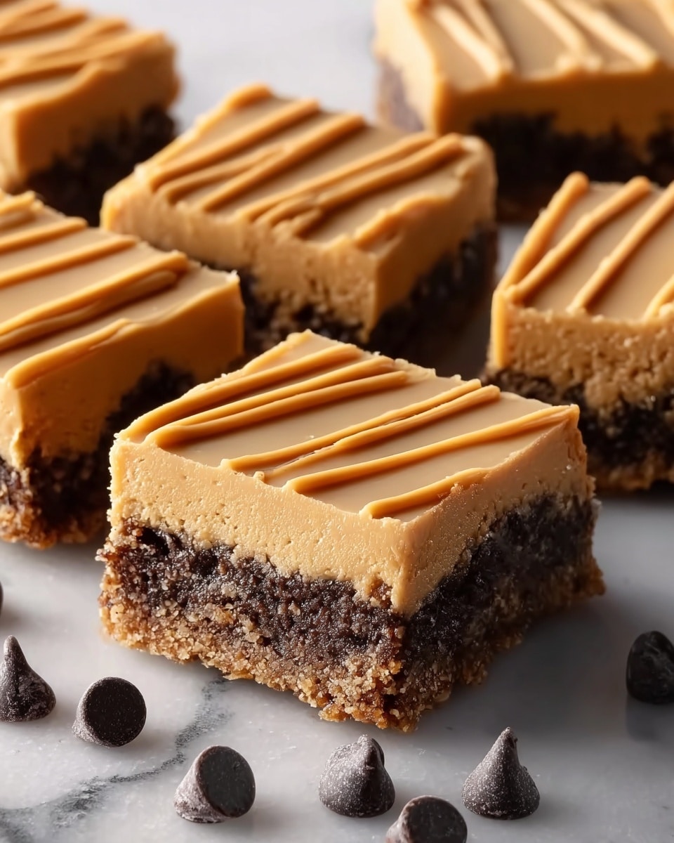 The image shows a close-up of square dessert bars arranged in a circle with one piece in the center. Each piece has two clear layers: the bottom layer is a dense, crumbly dark brown base, and the top layer is a smooth light caramel-colored frosting with a slightly glossy finish and soft drizzled lines on the surface. Around the dessert, there are scattered small dark chocolate chips on a white marbled surface. The texture of the base looks grainy and thick, while the top layer is creamy and rich. photo taken with an iphone --ar 4:5 --v 7