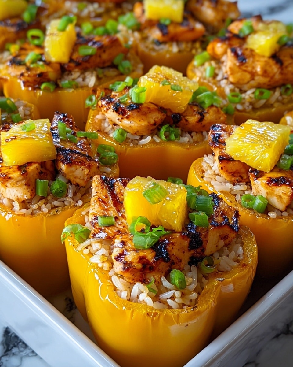 The image shows several yellow bell peppers sliced in half vertically and placed close together in a white dish. Each pepper half is filled with a base layer of cooked rice, topped with pieces of golden-brown grilled chicken that have a slightly charred texture. On top of the chicken, small bright yellow pineapple chunks are arranged, adding a vibrant contrast. The peppers are garnished with small green chopped herbs, likely green onions, scattered over the filling. The dish is set against a white marbled surface that enhances the colors of the food. photo taken with an iphone --ar 4:5 --v 7