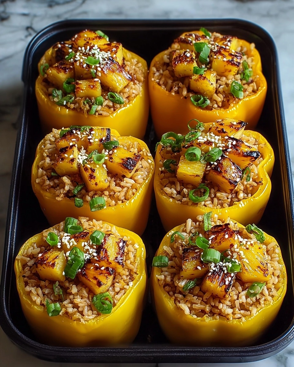 The image shows eight yellow bell peppers, each cut in half and hollowed out, arranged tightly in a black baking dish. Each pepper half is filled with a layer of cooked brown rice mixed with herbs, topped with small, slightly charred golden pineapple chunks. The pineapple pieces have a caramelized texture with some blackened spots and are sprinkled with white sesame seeds and chopped green onions, adding a fresh green color contrast. The background features a white marbled surface, giving a clean, bright look to the image. photo taken with an iphone --ar 4:5 --v 7
