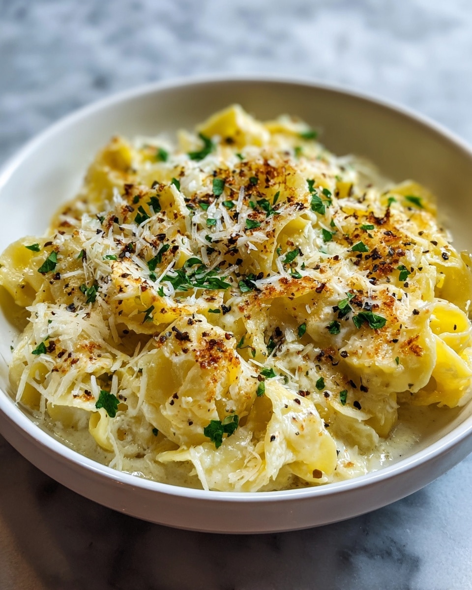 The image shows a white bowl filled with creamy pasta that has curly edges and is topped with finely grated white cheese. The pasta is layered under a dressing of melted cheese that has patches of light browning, giving a slightly toasted look. Small bits of chopped green herbs are scattered across the dish, adding color contrast, along with tiny dark pepper specks. The bowl sits on a surface with a white marbled texture, with soft natural light highlighting the shine on the creamy sauce. photo taken with an iphone --ar 4:5 --v 7