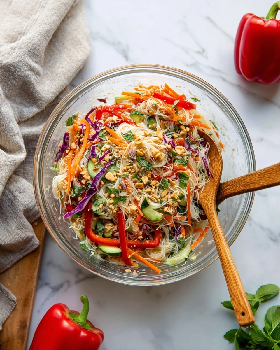A clear glass bowl filled with a colorful noodle salad sits on a white marbled surface. The salad has thin white noodles as the base layer, mixed with thin strips of orange carrots, red bell peppers, and green cucumber. There are also thin purple cabbage slices spread evenly throughout. On top, chopped green herbs and crushed peanuts add texture and a touch of brown and green colors. Two wooden spoons rest in the bowl, one on each side, with long handles. Nearby, fresh herbs and whole bell peppers add a fresh look to the scene. Photo taken with an iphone --ar 4:5 --v 7