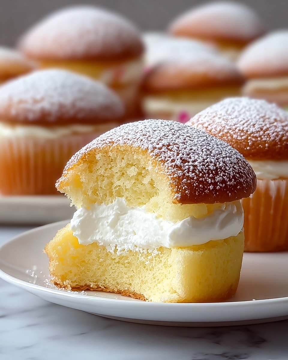 A close-up of a small cupcake cut in half horizontally showing two layers of soft golden yellow cake with a thick layer of white cream filling in the middle; the cupcake tops are slightly rounded with a light brown color and are dusted with powdered sugar. The cupcakes are arranged on a white plate, with more whole cupcakes in the blurred background. The surface beneath the plate has a white marbled texture. photo taken with an iphone --ar 4:5 --v 7