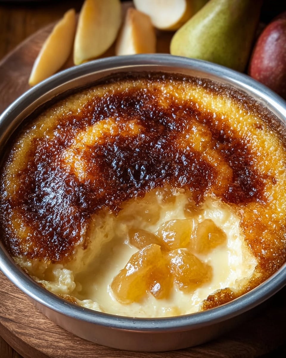 The image shows a round dessert in a silver baking dish with a dark golden brown, caramelized crust on top, slightly uneven in texture. In the center, a small section is scooped out, revealing a creamy, pale yellow custard layer beneath the crust. Inside the creamy layer, there are small, glossy pieces of cooked fruit, light yellow and golden brown in color, sitting slightly sunken in the custard. The baking dish sits on a wooden surface, with some sliced fresh fruit in the background, adding a warm tone to the scene. photo taken with an iphone --ar 4:5 --v 7