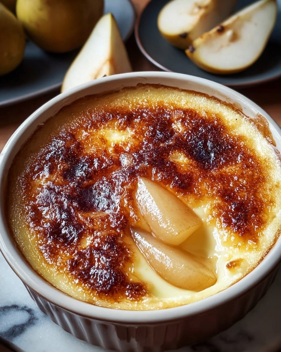A round white baking dish holds a baked dessert with a golden brown, crispy top layer that is caramelized and shiny, covering a creamy, pale yellow custard-like layer underneath. In one small exposed spot near the edge, there are soft, glossy pieces of pear with a light yellow color, partially sunk into the custard. The dish sits on a white marbled surface, with a few pear slices and whole pears on dark plates visible in the blurred background. Photo taken with an iphone --ar 4:5 --v 7