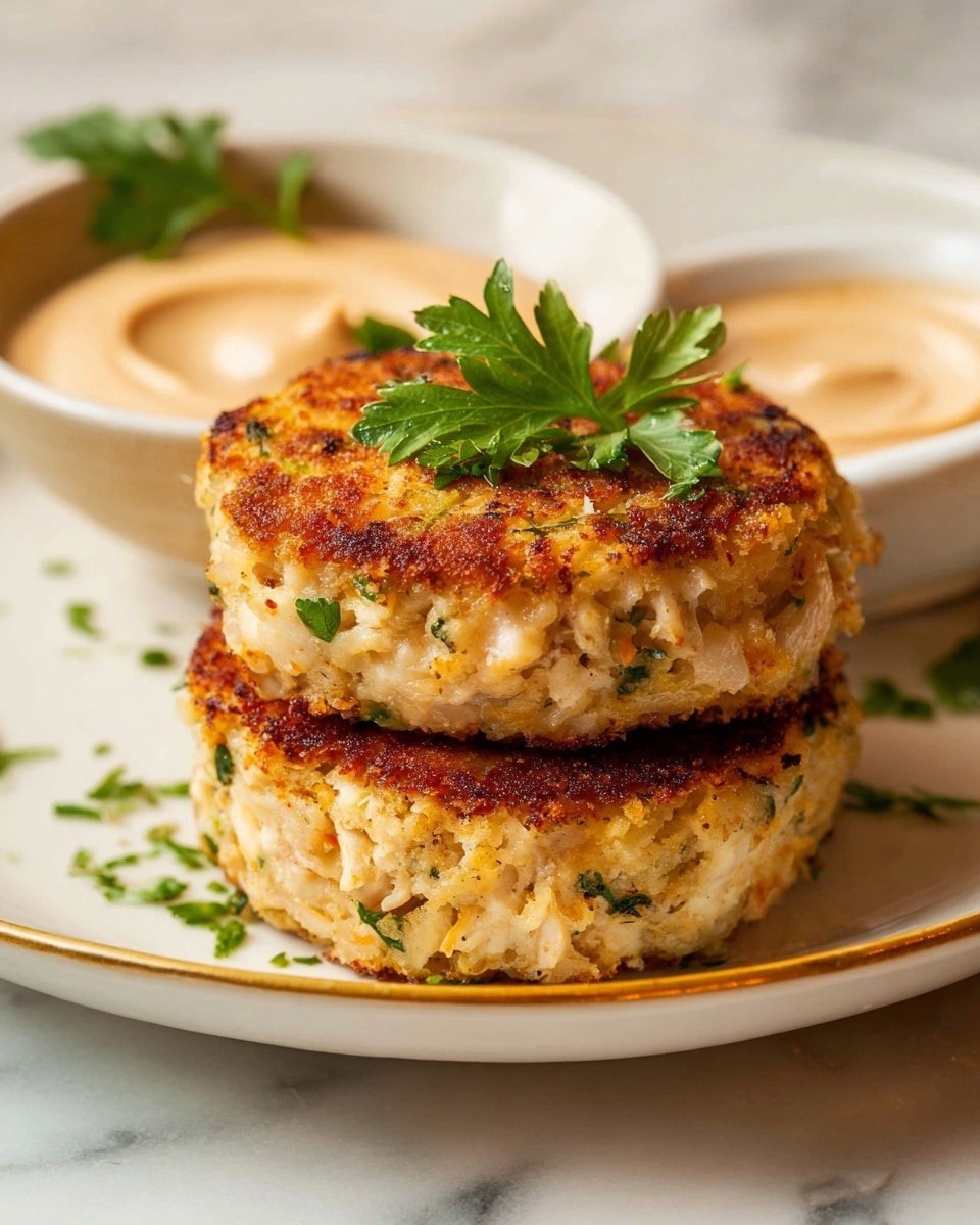 Two thick, round crab cakes stacked on a white plate, each with a golden-brown crispy top and a light beige, textured side showing bits of green herbs. Each crab cake is topped with a small sprig of fresh green parsley. Behind the crab cakes, there is a small bowl filled with a smooth, light tan dipping sauce with a soft swirl on top. The plate sits on a white marbled surface. photo taken with an iphone --ar 4:5 --v 7