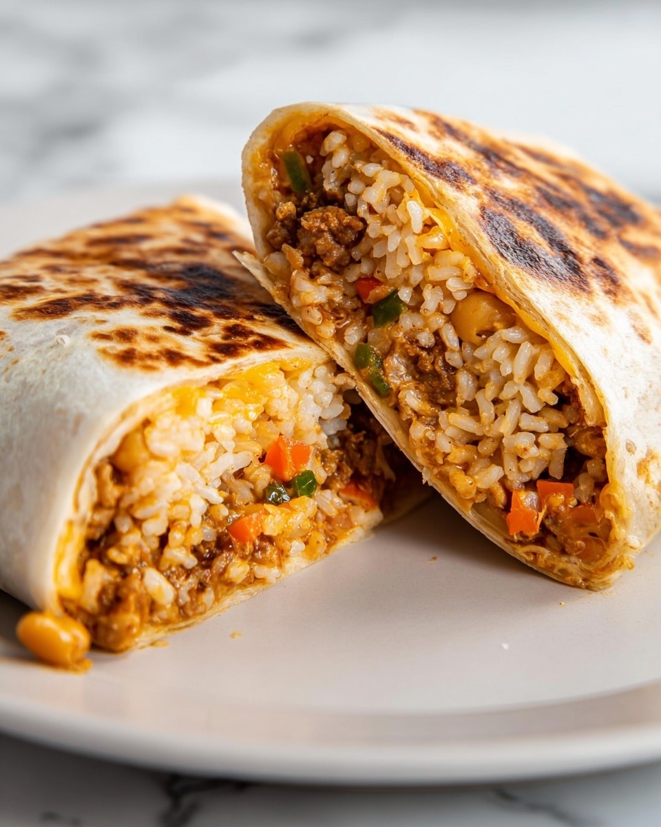 Two halves of a burrito cut open and placed on a white plate, showing three main layers inside: soft white rice mixed with small orange and green vegetable pieces forming the base; a middle layer of slightly melted shredded yellow cheese; and a top layer with cooked brownish-yellow beans or meat bits mixed with more vegetables. The tortilla wrap is golden brown with some darker toasted spots, tightly holding the filling together. The background is a white marbled texture. Photo taken with an iphone --ar 4:5 --v 7
