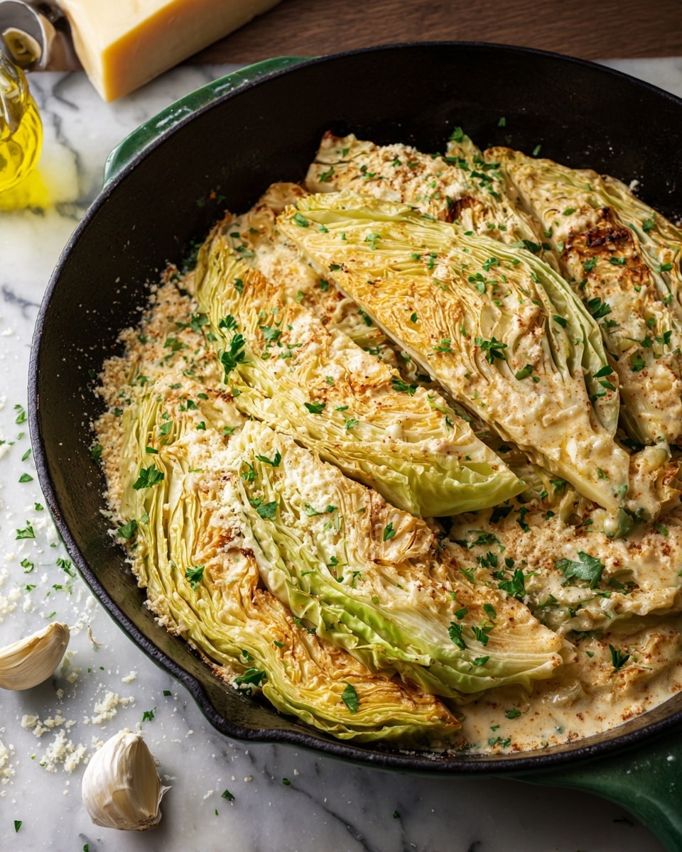 In a deep dark green cast iron pan, there are several wedges of cabbage layered with a creamy sauce. Each wedge shows light green and yellowish layered cabbage leaves that are slightly charred on the edges. The sauce is light beige with visible small bits of herbs and spices mixed in, spread thickly over and between the cabbage layers. Bright green parsley is sprinkled over the top, adding a fresh color contrast. Around the pan, there is some grated cheese scattered on a white marbled surface, along with a few garlic cloves and a block of cheese in the background. photo taken with an iphone --ar 4:5 --v 7