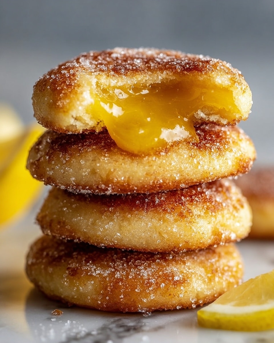 A close-up view of a stack of four round, golden-brown fried lemon curd-filled cookies standing on a white marbled surface. The top cookie is broken in half, revealing a glossy, smooth, bright yellow lemon curd filling inside. The cookies have a slightly crispy, caramelized crust sprinkled with granulated sugar that adds a sparkling texture. The edges of each cookie look soft, crumbly, and slightly cracked. A thin slice of lemon lies near the bottom right corner, adding a fresh touch of color. The background is blurred in gray tones. Photo taken with an iphone --ar 4:5 --v 7