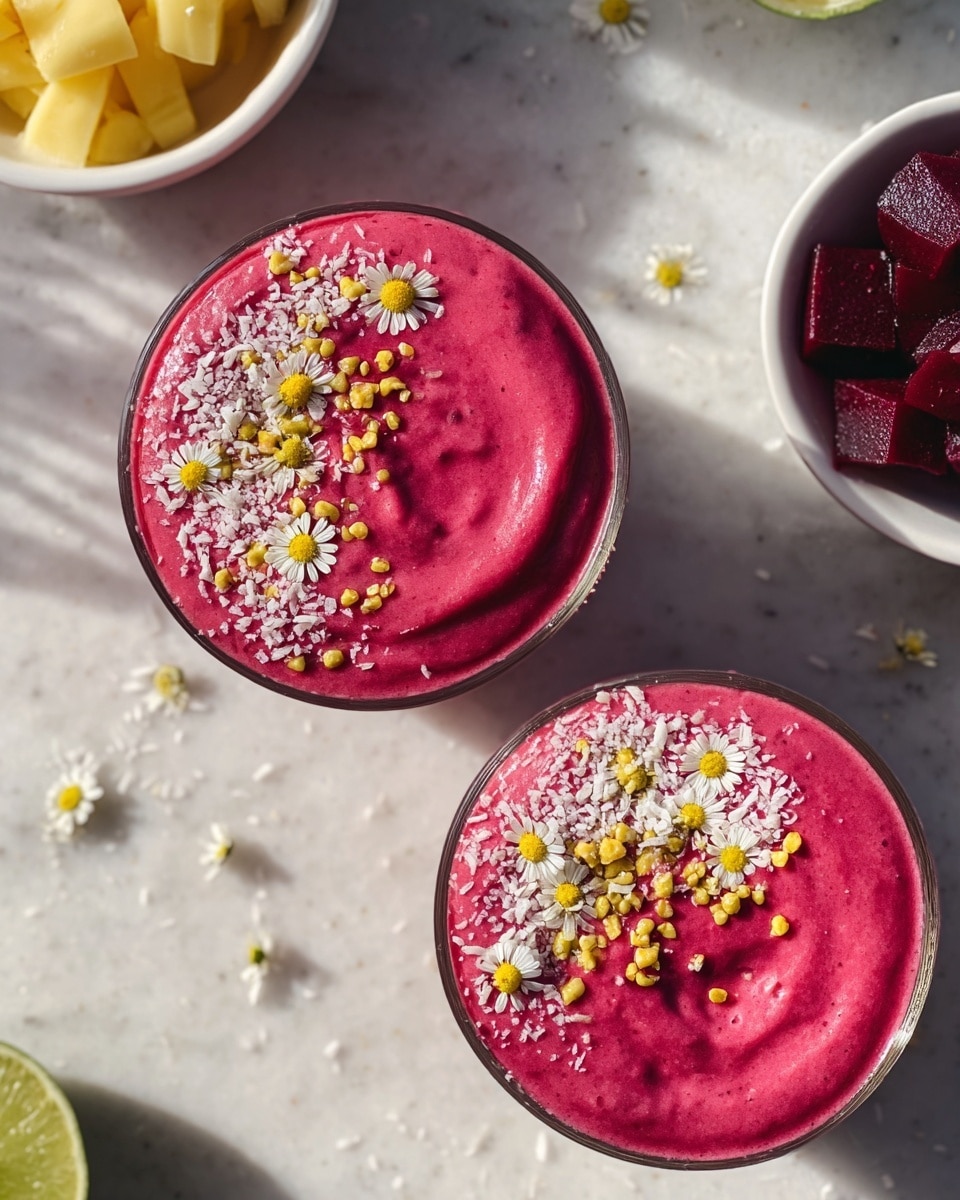 The image shows two clear glass cups filled with a thick, smooth, bright pink smoothie. The top layer of the smoothie is decorated with small white coconut flakes, tiny yellow bee pollen granules, and a few small chamomile flowers placed mainly on one side. Around the glasses, there are small white bowls: one with chunks of pale yellow fruit on the top left, one with dark red beet cubes on the bottom right, and one with chamomile flowers on the bottom left. A green lime wedge is partly visible on the white marbled surface, which also has small scattered chamomile flowers. The lighting creates soft shadows under the glasses and bowls. Photo taken with an iphone --ar 4:5 --v 7