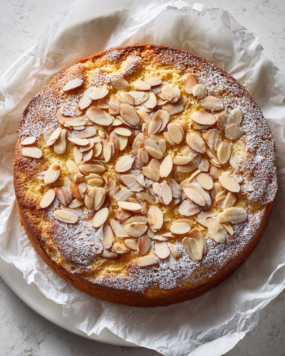 A round cake with a single layer of golden brown baked crust topped with many thinly sliced toasted almond pieces scattered all over, dusted lightly with white powdered sugar, sitting on crinkled parchment paper on a white plate, all placed on a white marbled texture surface. photo taken with an iphone --ar 4:5 --v 7