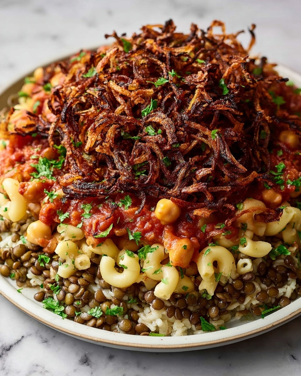 A large white plate holds a layered dish starting with a bottom layer of light brown rice mixed with greenish-brown lentils, topped by dark green lentils forming the second layer, followed by a layer of pale yellow elbow macaroni pasta. Over the pasta, there is a vibrant red tomato sauce with visible small chickpeas, spreading unevenly, and garnished with chopped green herbs. The dish is finished with a thick top layer of golden brown to dark crispy fried onions, scattered generously. The overall look is colorful and textured, sitting on a white marbled surface. photo taken with an iphone --ar 4:5 --v 7